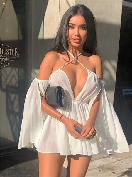 wsevypo women off shoulder halter tie up dress solid long slit sleeve mini pleated beach party club evening wear 220618, Black;gray